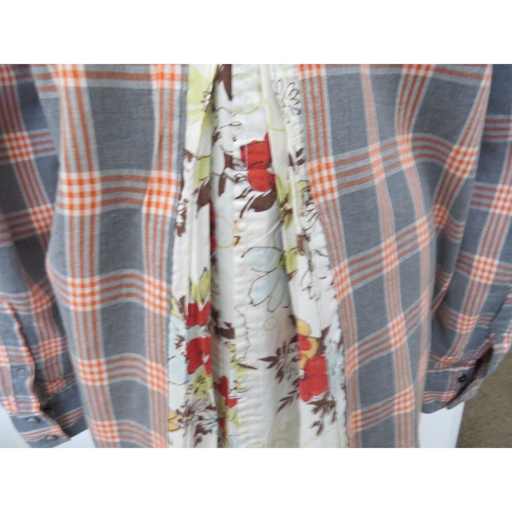 billy T Women's Mixed Media Split-back Plaid Western Shirt Gray/Peach L EUC - Picture 9 of 13
